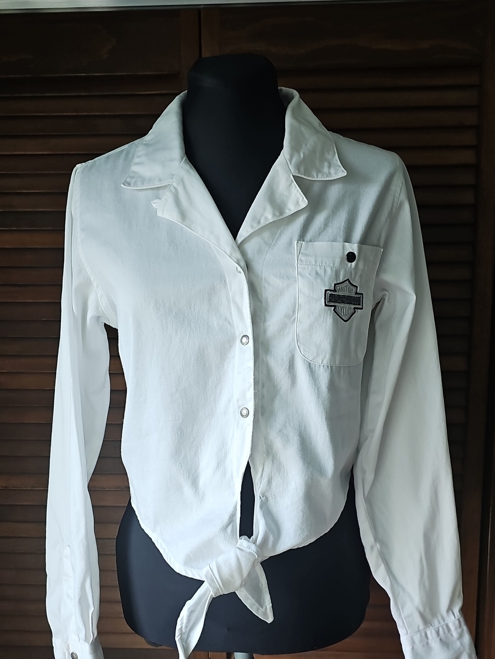 Harley Davidson White Long Slv SnapDown Embroidered Tie Front Shirt Womens Small